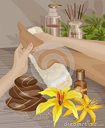 Spa, Foot massage. Hands doing foot massage. Vector Illustration