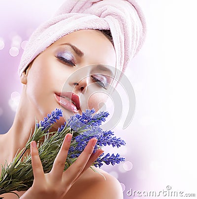 Spa Girl with Lavender Flowers Stock Photo