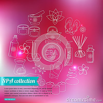 Spa and healthcare outline icons set over blurred Vector Illustration