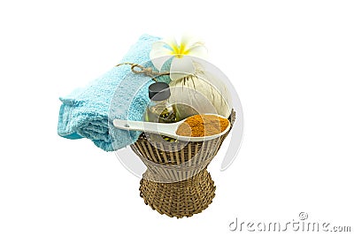 Spa herbal compressing ball , white frangipani flowers isolated on white background. Stock Photo