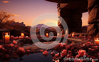 spa hot tub on sahara, evening romantic atmosphere with candles. Stock Photo