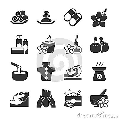 Spa icon set. Included the icons as candle, aromatic, massage, relax, products, salt, hot stone and more. Vector Illustration