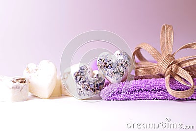 Spa lavender soap hearts with a flax bow Stock Photo