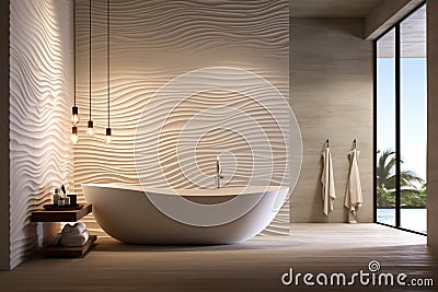 A spa-like bathroom featuring a wall with a 3D water ripple pattern, Stock Photo
