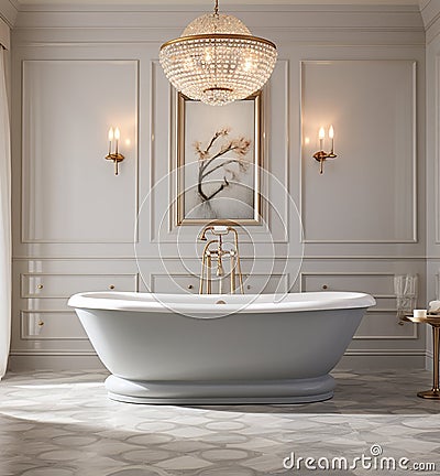 A spa-like bathroom with light-colored tiles, a freestanding tub, and elegant fixtures for a luxurious touch. Stock Photo