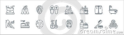 Spa line icons. linear set. quality vector line set such as towel, cream, aromatic, depilation, sauna, essential oil, foot massage Vector Illustration