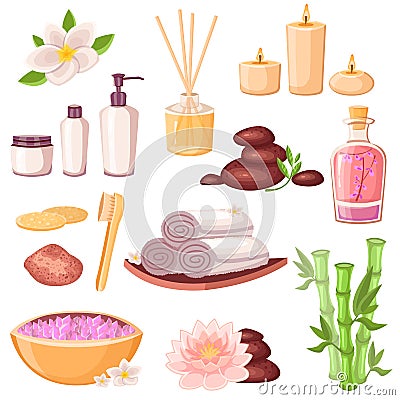 Spa massage and beauty salon icons set. Vector cartoon illustration. Body care and natural treatment concept Vector Illustration