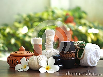 Spa massage and treatment on the wood, Thailand, select focus Stock Photo