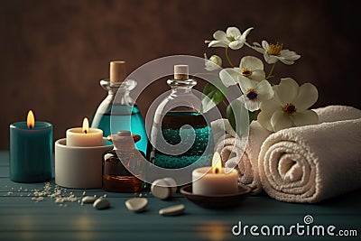 Spa meditation massage therapy center table setting of aromatic candles towels and oil bottles and flowers, Generative Ai Stock Photo