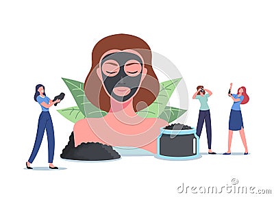 Spa Natural Baths, Beauty and Cosmetology. Tiny Female Characters around Huge Woman Head with Mineral Mud Facial Mask Vector Illustration