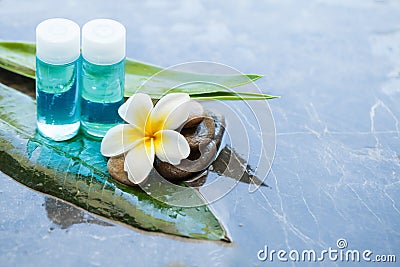 Spa objects and stones, flower and bottles for massage treatment on dark background Stock Photo