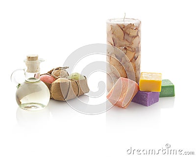 Spa oil in bottles with scented candles and soaps. With PS paths Stock Photo