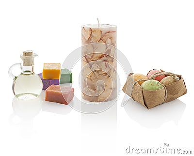 Spa oil in bottles with scented candles and soaps. With PS paths Stock Photo