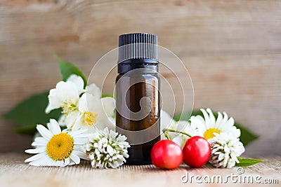 Spa perfume essential aroma oil glass bottle with flower blossoms on old wooden background Stock Photo