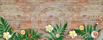 Spa products border. Sea salt in bowl, palm leaves, aroma oil in bottle, plumeria and citrus homemade soap on wooden background. Stock Photo