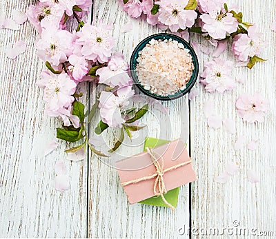 Spa products with sakura blossom Stock Photo