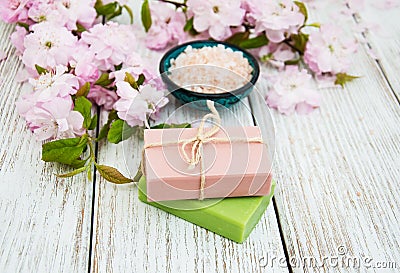 Spa products with sakura blossom Stock Photo