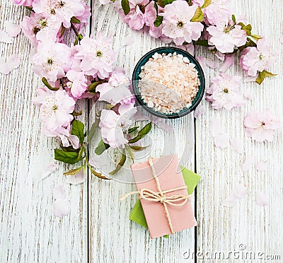 Spa products with sakura blossom Stock Photo