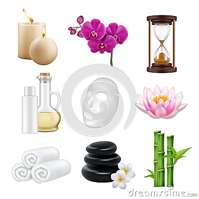 Spa realistic. Beauty and relax salon alternative medicine zen towel lotus orchid bamboo stones decent vector collection Vector Illustration