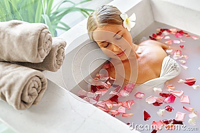 Spa Relax Flower Bath. Woman Health, Beauty Treatment, Body Care Stock Photo