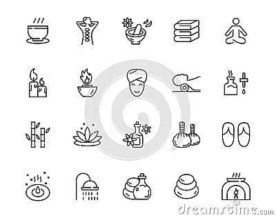 SPA relax line icon set. Sauna spa health vector stroke outline icon set beauty body aromatherapy. Vector Illustration