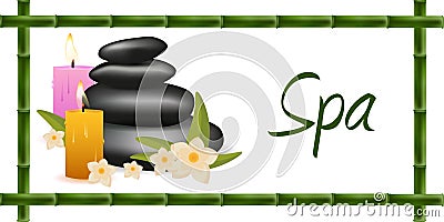 Spa salon banner with stones. Thai Massage. Wood texture. Vector illustration Stock Photo