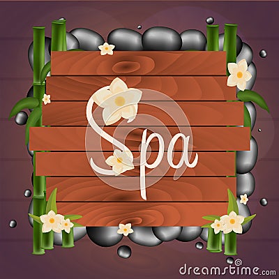 Spa salon banner with stones. Thai Massage. Wooden frame. Vector illustration. Cartoon Illustration