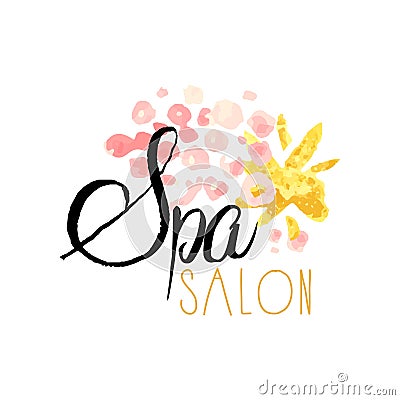 Spa salon or center original delicate logo design with abstract textured background. Label with pink and golden gentle Vector Illustration