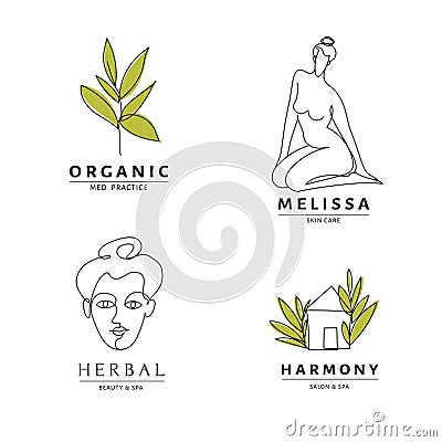 Spa salon harmony logo templates with body and nature line art. Vector Illustration