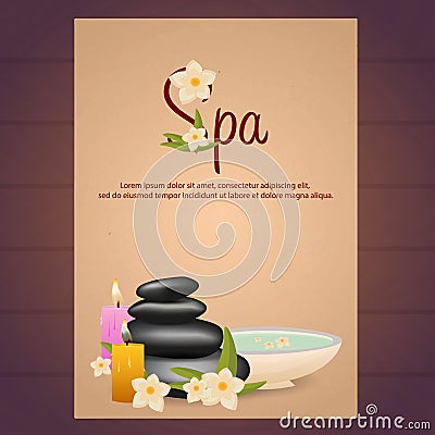 Spa salon Poster with stones. Thai Massage. Wood texture. Vector illustration. Cartoon Illustration