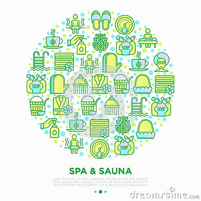 Spa & sauna concept in circle with thin line icons: massage oil, towels, steam room, shower, soap, pail and ladle, hygrometer, Cartoon Illustration