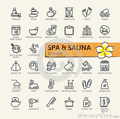 SPA and sauna, steam bath elements web icon set - outline icon set Vector Illustration