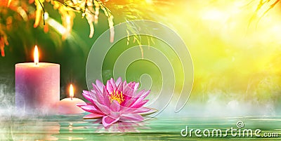 Spa - Serenity And Meditation With Candles And Waterlily Stock Photo