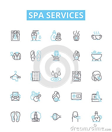 Spa services vector line icons set. Massage, Facial, Pedicure, Manicure, Waxing, Sauna, Scrubs illustration outline Vector Illustration