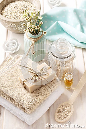 Spa set: bar of natural handmade soap, sea salts, bath oil Stock Photo