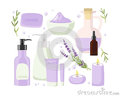 Spa set, health-giving baths and water treatment. Medical natural therapy. Body Care cosmetics. Cream jar, tubes Vector Illustration