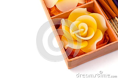 Spa Set. Roses Shaped Candles, incense sticks in orange box Stock Photo