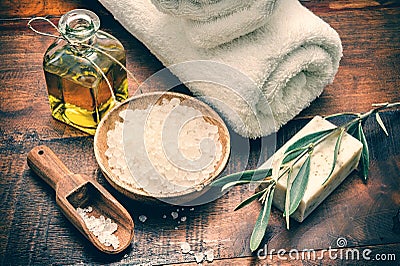 Spa setting with natural olive soap and sea salt Stock Photo