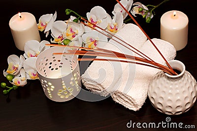 Spa setting therapy with flowers Stock Photo