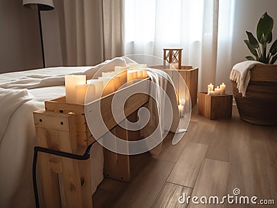 Spa setting with a wooden massage table Stock Photo