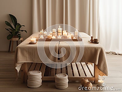 Spa setting with a wooden massage table Stock Photo