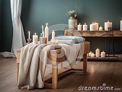 Spa setting with a wooden massage table Stock Photo