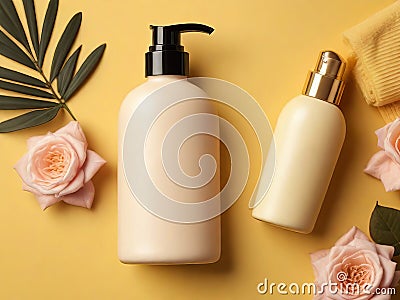 Spa Skincare Concept: Cosmetics Bottle Mockup on Yellow Background with Bath Accessories for Body Care. Stock Photo