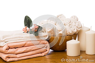 Spa still life with aromatic candles, flower and towel. - Imag Stock Photo