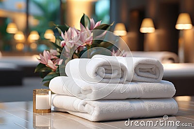 SPA still life with aromatic candles, flower and towels Stock Photo