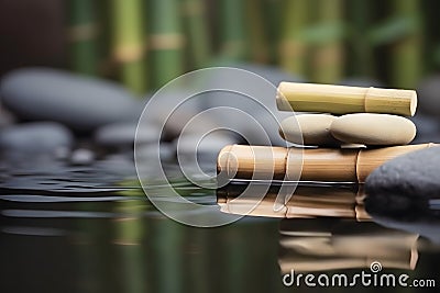 Spa still life with bamboo and zen stones with water surface. Generative AI Stock Photo