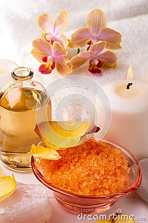 Spa still life with bath salt and perfumed essences Stock Photo