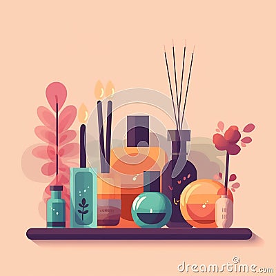 Spa still life with candles. Illustration with candle, diffusers, aromatherapy, herbal. Stock Photo
