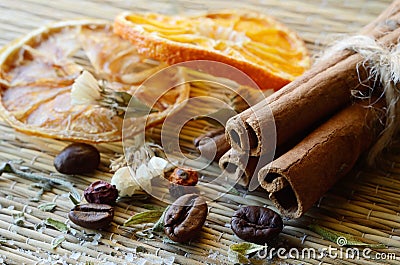 Spa still life - cinnamon,coffee beans,salt,dried orange,lemon Stock Photo