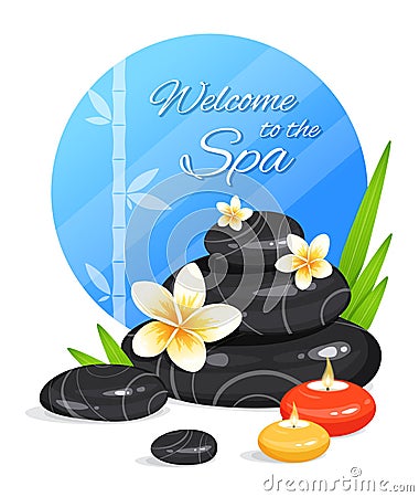 Spa still life with stack of stones, burning aroma candles, bamboo leafs and frangipani flowers. Zen Garden. Harmony and balance Vector Illustration